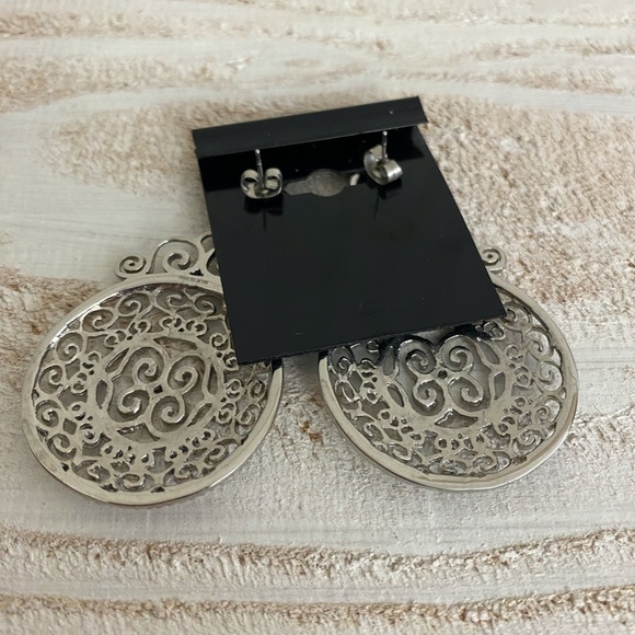 Signed  Stainless Steel  Silver Tone Filigree Dangle Pierced Earrings - Picture 5 of 5